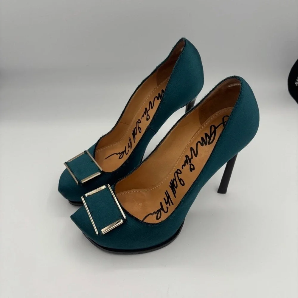 Lanvin Platform Pumps Women Sz 39 Teal Satin Buckle Stiletto Heel Luxury